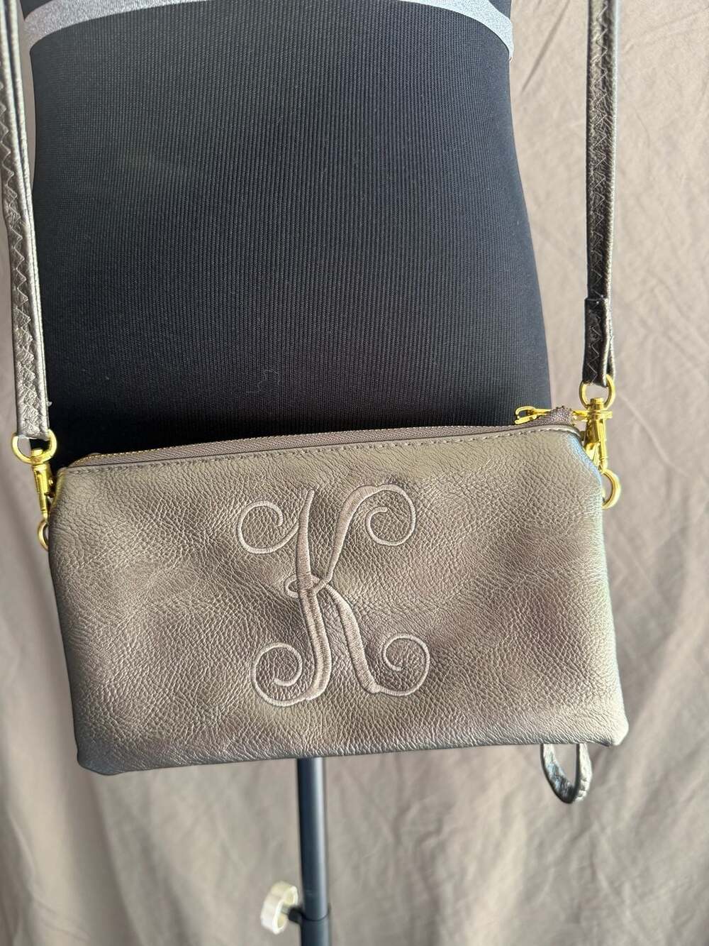 Metallic Gold Three-Compartment Monogrammed Crossbody Clutch